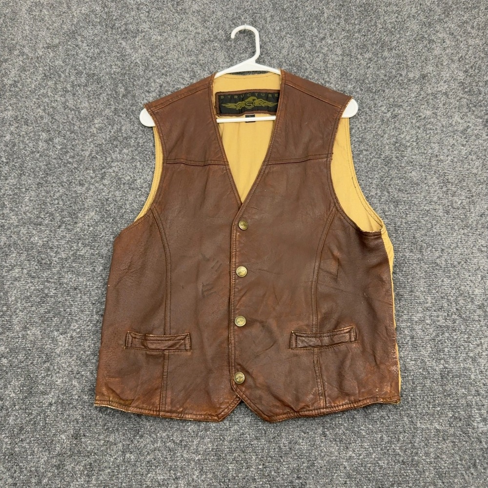 Vintage Structure Vest Mens S Brown Leather Cotton Back Distressed Workwear